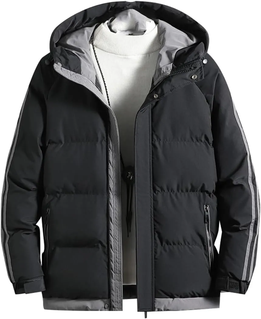 Men Jackets Hooded Parkas Thick Warm Cotton Padded Windproof Coat Solid Color Outwear