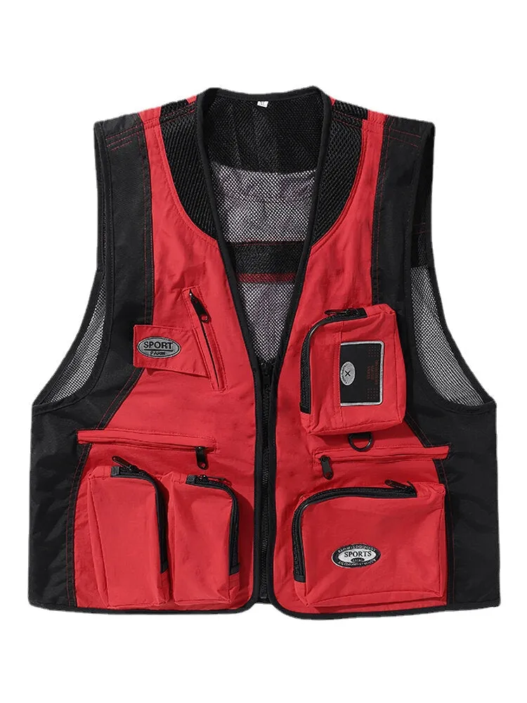 Men's Colorblock Mesh Patchwork Utility Vest with Zipper Pockets and Applique - Breathable Design