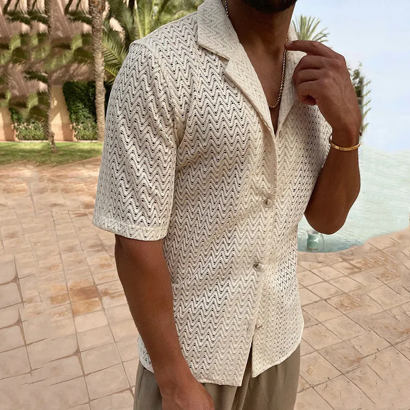 Mens Knitted Cardigan  Slim Fit  Short Sleeve  Openwork Cotton Blend  Button Front