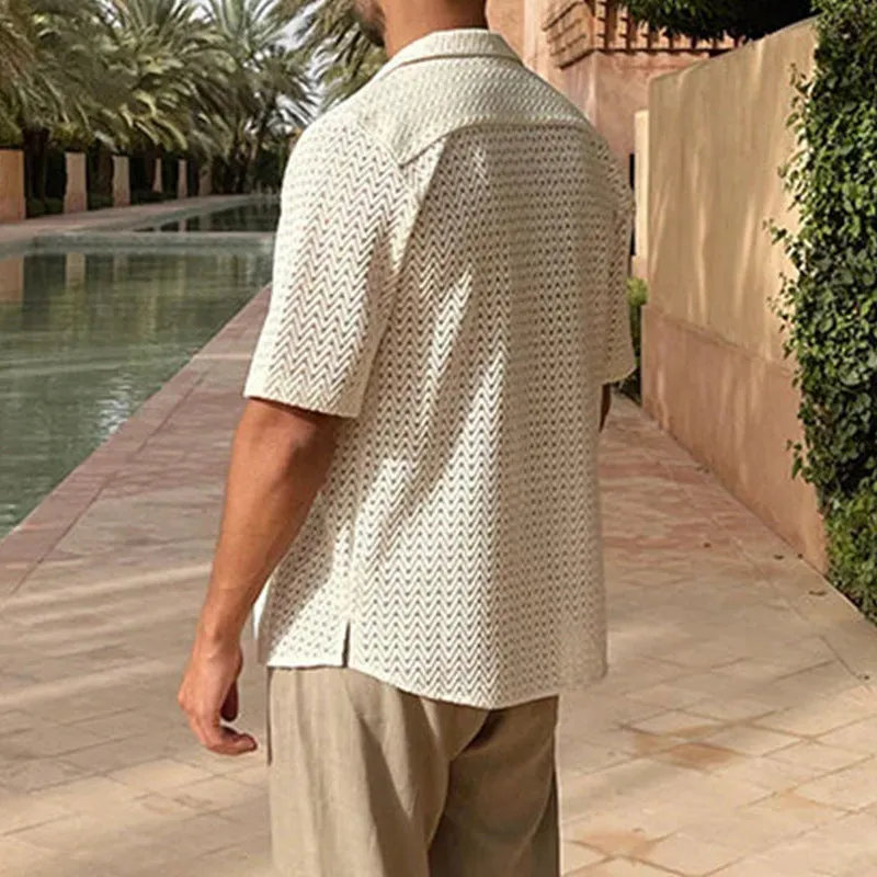 Mens Knitted Cardigan  Slim Fit  Short Sleeve  Openwork Cotton Blend  Button Front