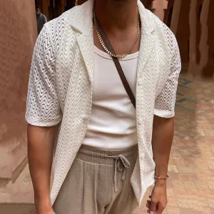 Mens Knitted Cardigan  Slim Fit  Short Sleeve  Openwork Cotton Blend  Button Front