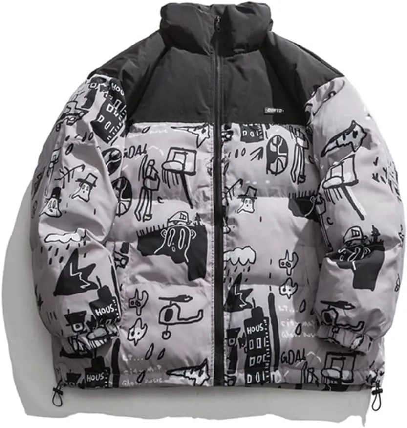Mens Oversized Cotton Padded Parkas Streetwear Harajuku Graffiti Printed Zipper Coats