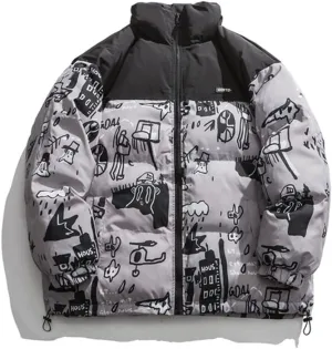 Mens Oversized Cotton Padded Parkas Streetwear Harajuku Graffiti Printed Zipper Coats