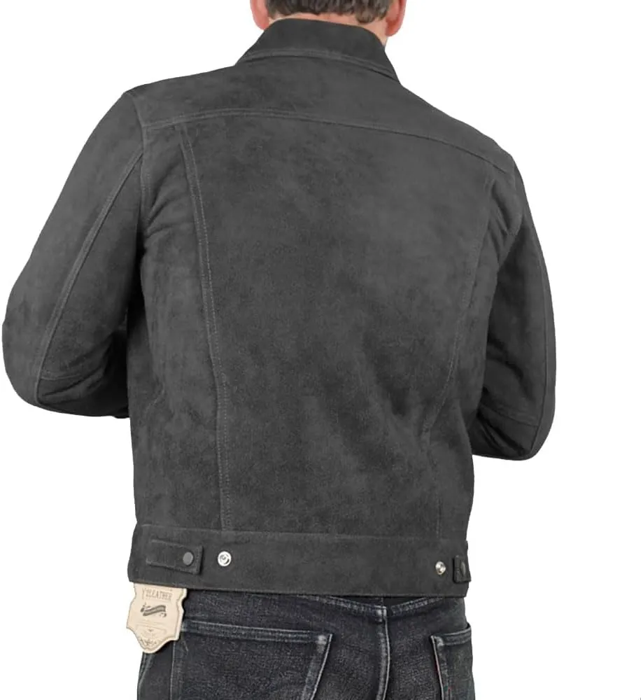 Mens Trucker Suede Leather Jacket - Western Style Cowboy Leather Jacket Camel/Brown