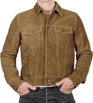 Mens Trucker Suede Leather Jacket - Western Style Cowboy Leather Jacket Camel/Brown