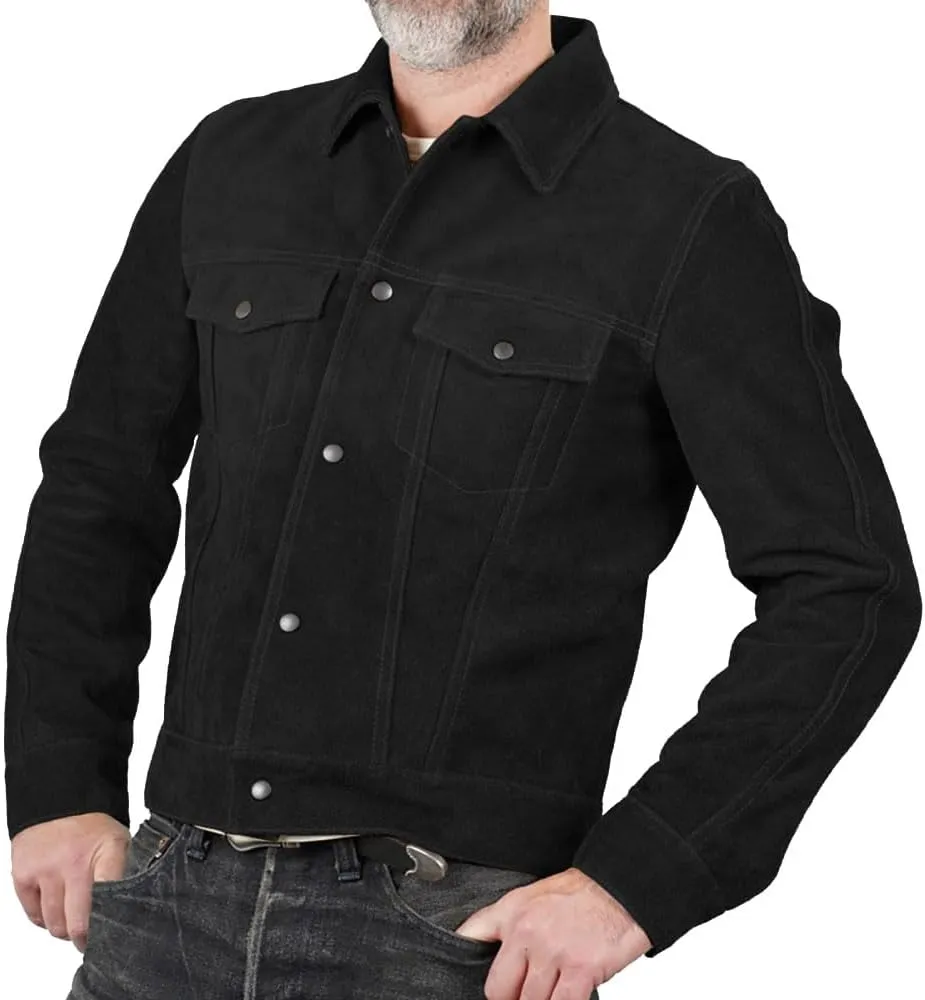 Mens Trucker Suede Leather Jacket - Western Style Cowboy Leather Jacket Camel/Brown