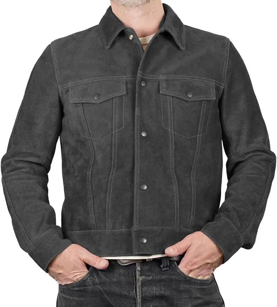 Mens Trucker Suede Leather Jacket - Western Style Cowboy Leather Jacket Camel/Brown
