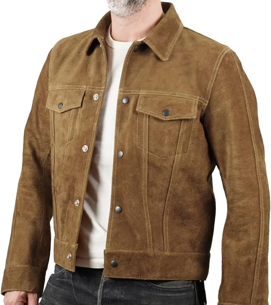 Mens Trucker Suede Leather Jacket - Western Style Cowboy Leather Jacket Camel/Brown