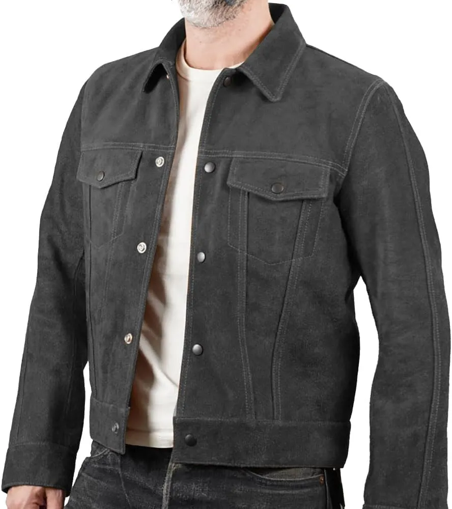 Mens Trucker Suede Leather Jacket - Western Style Cowboy Leather Jacket Camel/Brown