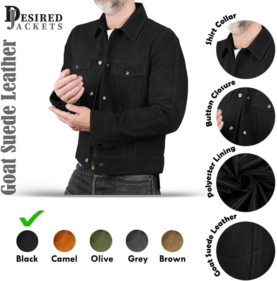 Mens Trucker Suede Leather Jacket - Western Style Cowboy Leather Jacket Camel/Brown