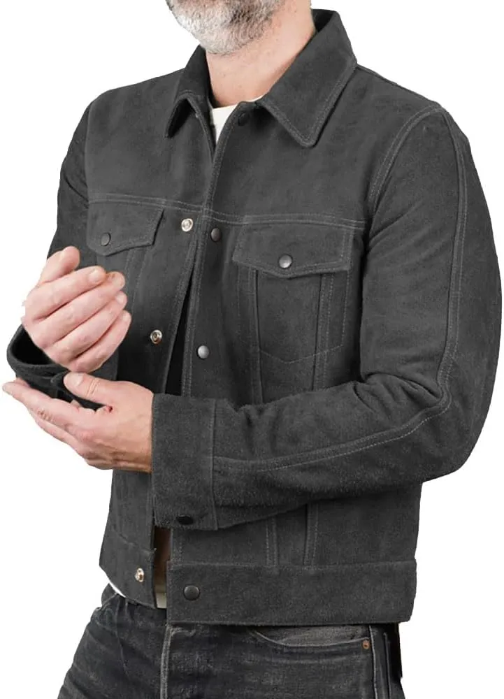 Mens Trucker Suede Leather Jacket - Western Style Cowboy Leather Jacket Camel/Brown