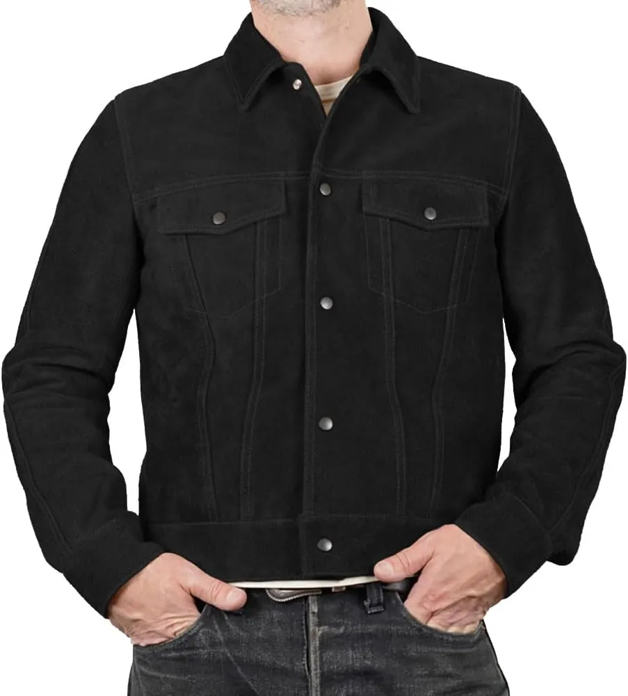Mens Trucker Suede Leather Jacket - Western Style Cowboy Leather Jacket Camel/Brown