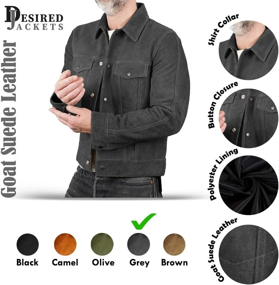 Mens Trucker Suede Leather Jacket - Western Style Cowboy Leather Jacket Camel/Brown