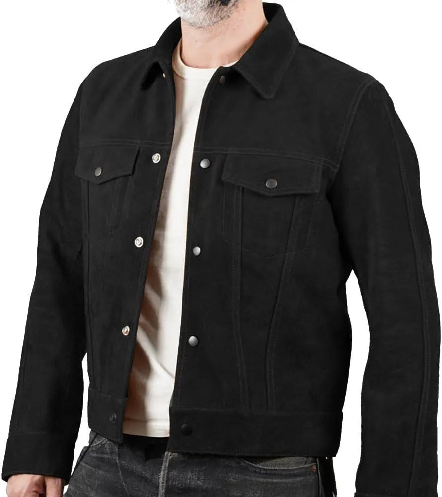 Mens Trucker Suede Leather Jacket - Western Style Cowboy Leather Jacket Camel/Brown