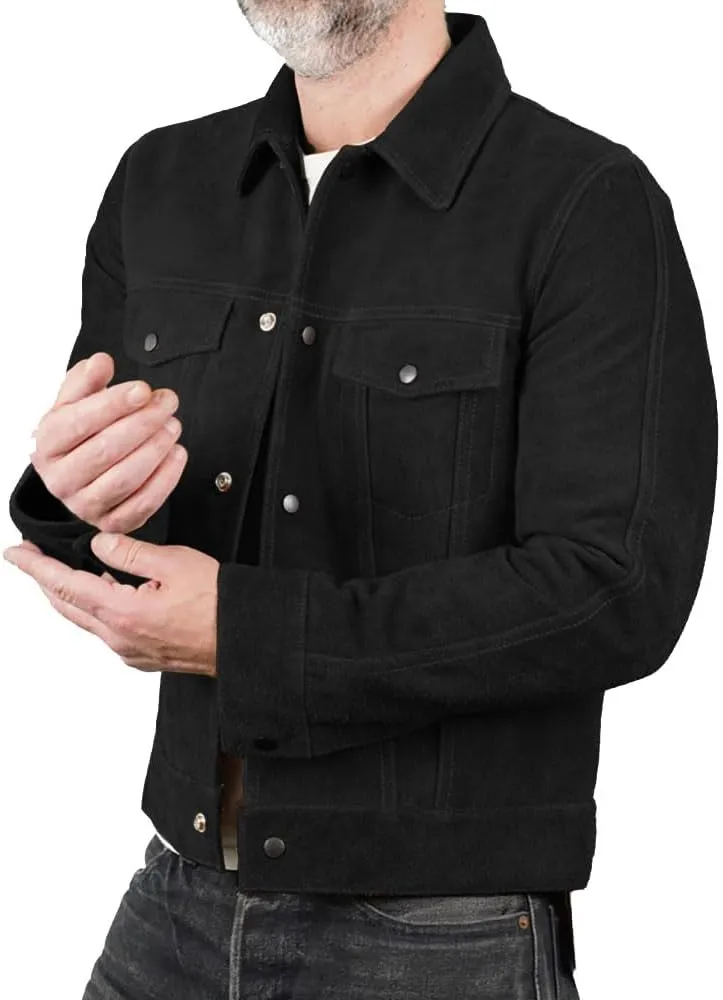 Mens Trucker Suede Leather Jacket - Western Style Cowboy Leather Jacket Camel/Brown