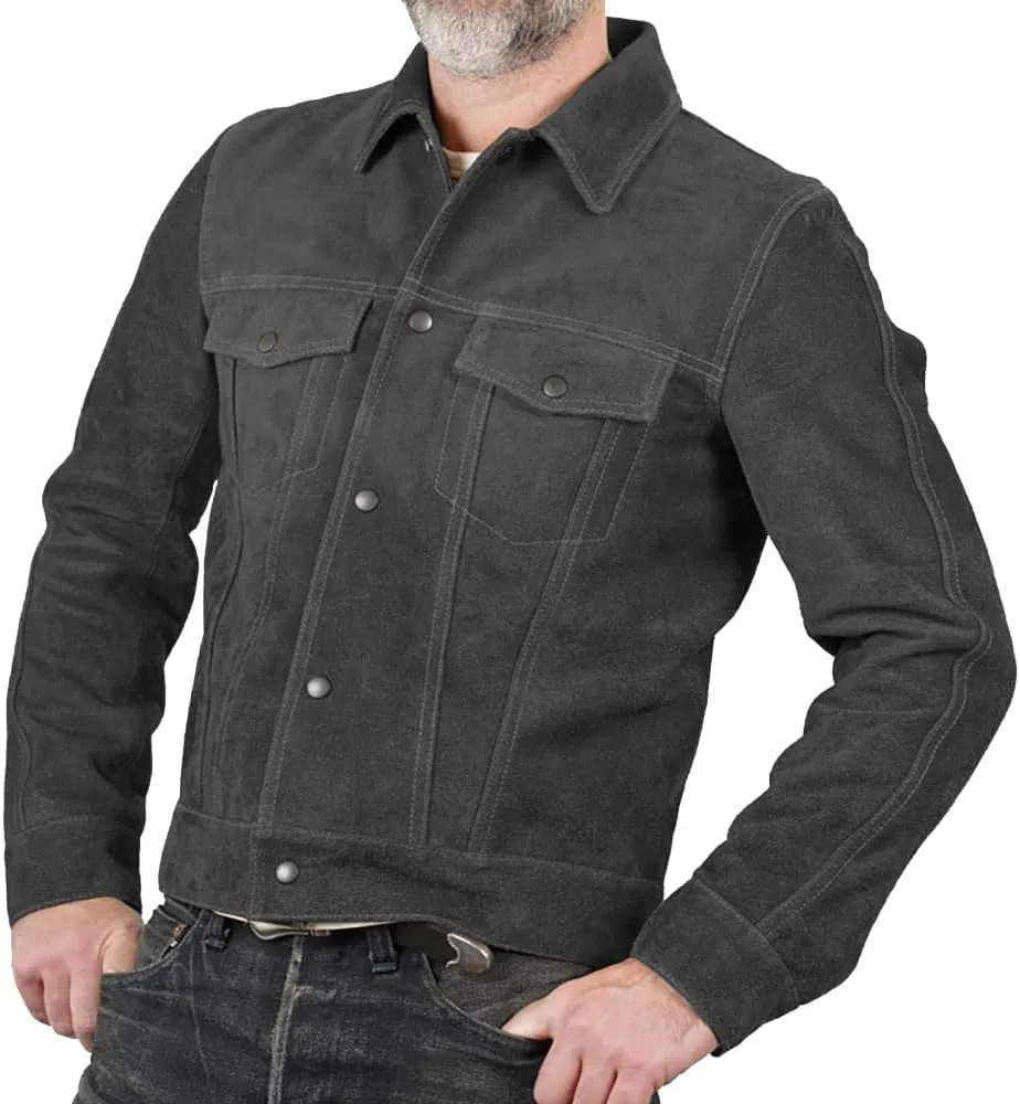 Mens Trucker Suede Leather Jacket - Western Style Cowboy Leather Jacket Camel/Brown
