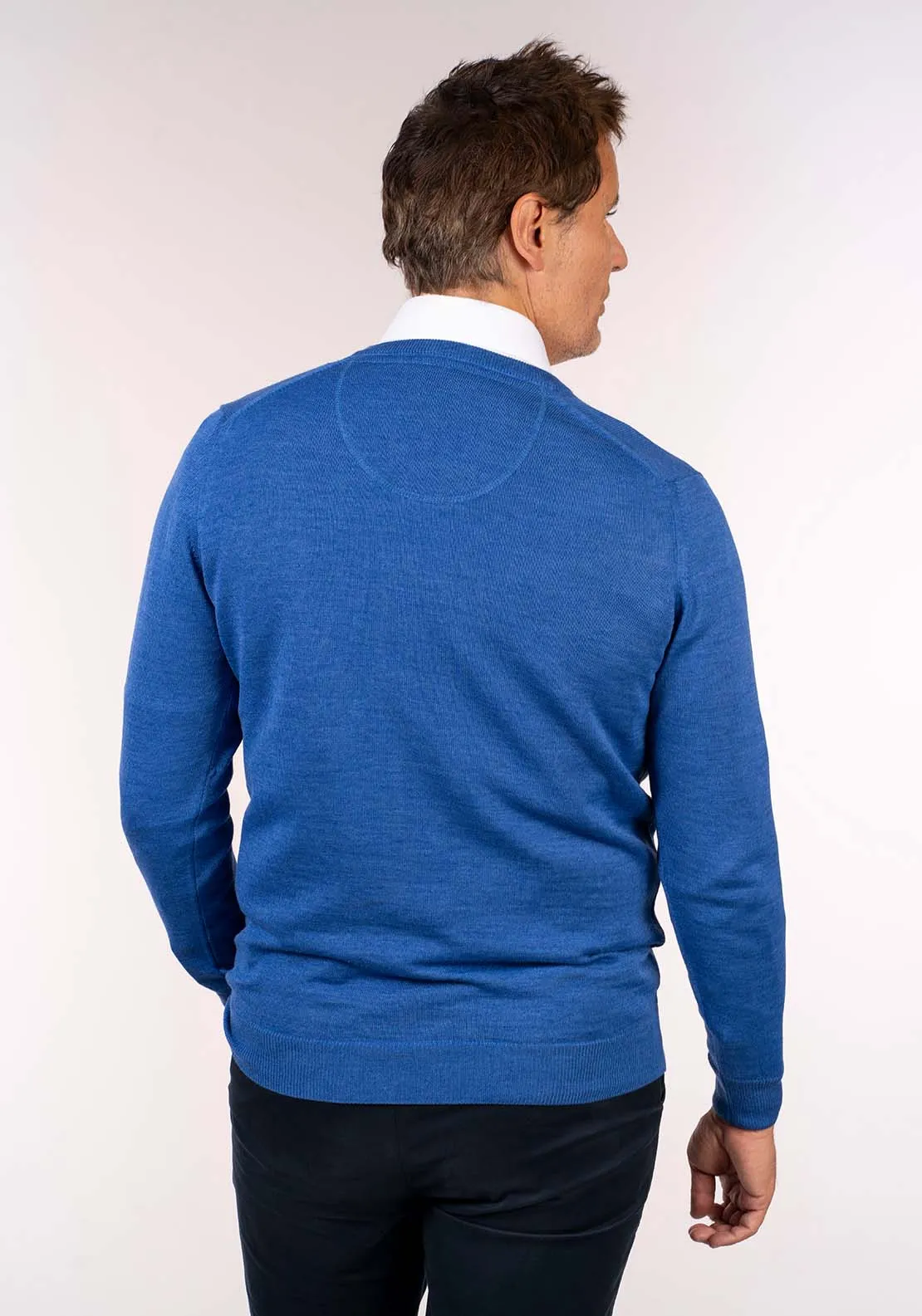 Mens V-Neck Merino Wool Jumper - Denim