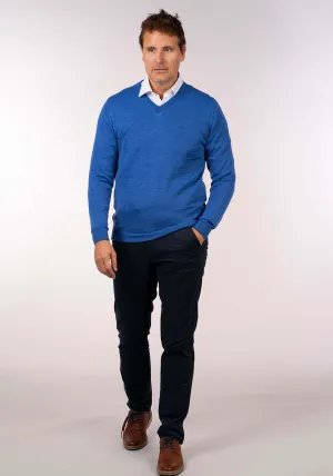 Mens V-Neck Merino Wool Jumper - Denim