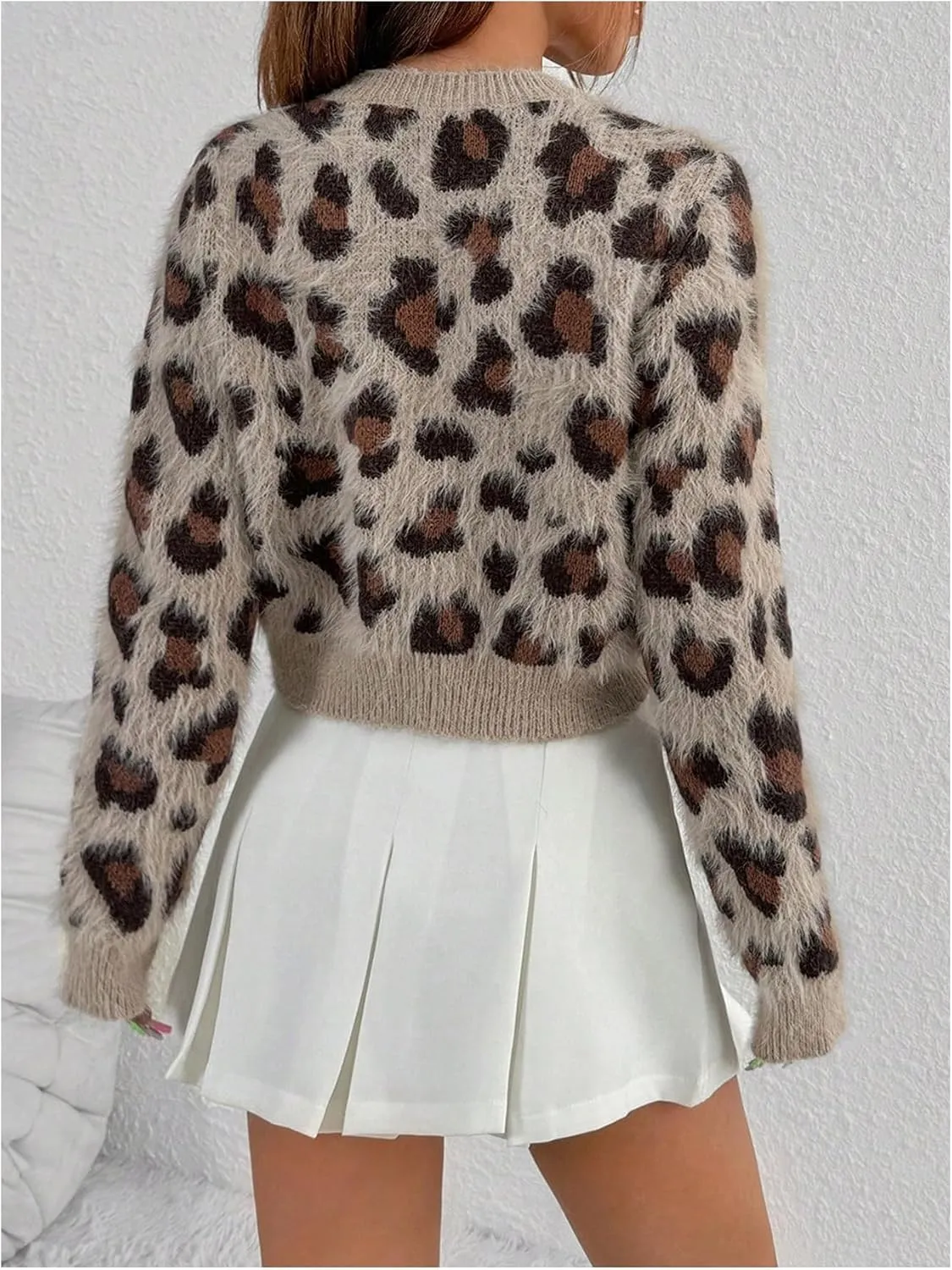 Milumia Women's Fuzzy Leopard Print Sweater Long Sleeve Button Up Knit Cardigans