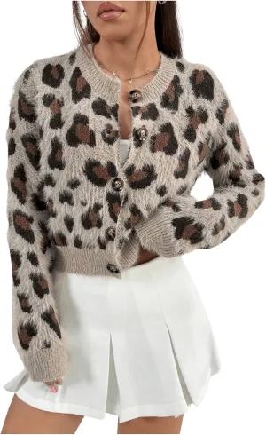 Milumia Women's Fuzzy Leopard Print Sweater Long Sleeve Button Up Knit Cardigans