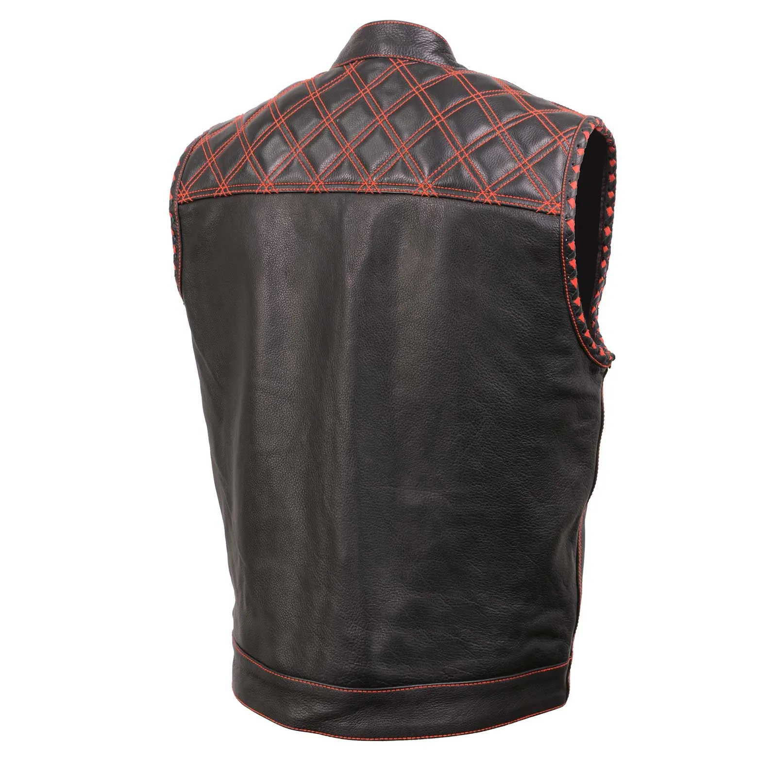 MLM3526 Men's Black 'Paisley' Accented Red Stitching Leather Vest – w/ Armhole Trim Open Collar Design