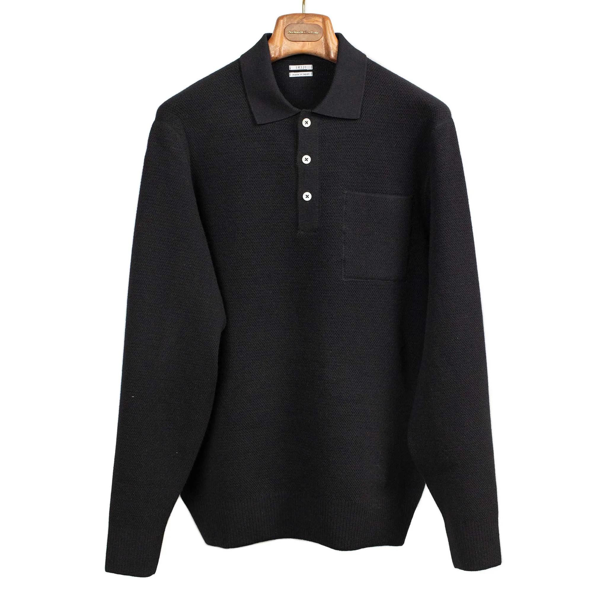 Molded knit long sleeve polo in micro-honeycomb black melange wool