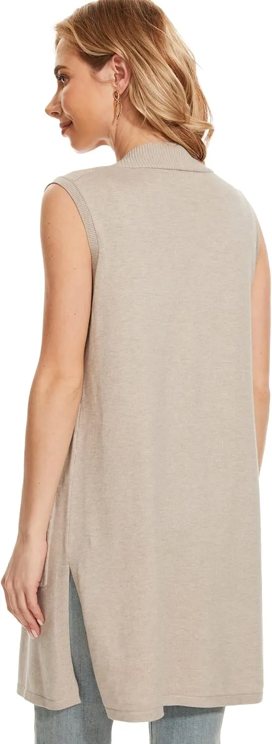 Moss Rose Long Vest for Women Sleeveless Lightweight Open Front Cardigans Ribbed Knit Outwear with Pockets