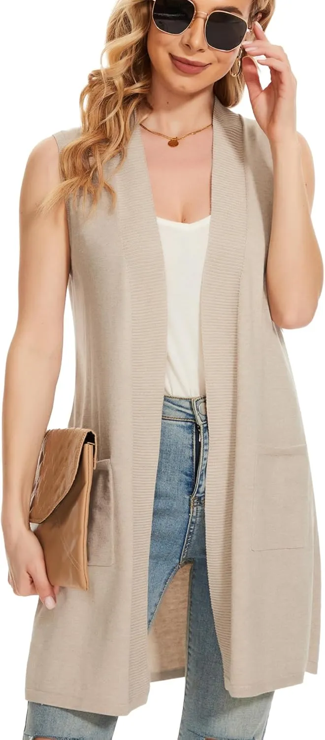 Moss Rose Long Vest for Women Sleeveless Lightweight Open Front Cardigans Ribbed Knit Outwear with Pockets