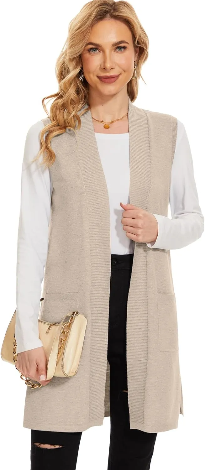 Moss Rose Long Vest for Women Sleeveless Lightweight Open Front Cardigans Ribbed Knit Outwear with Pockets