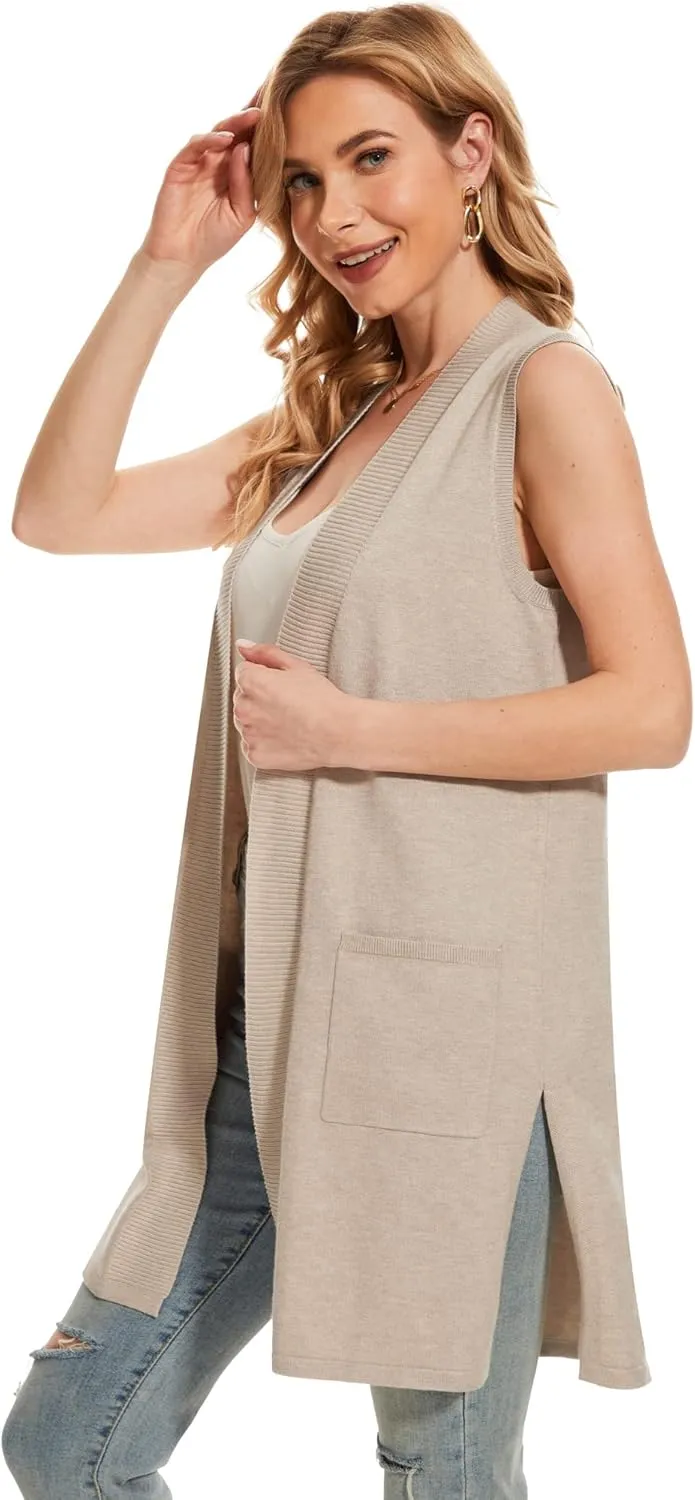 Moss Rose Long Vest for Women Sleeveless Lightweight Open Front Cardigans Ribbed Knit Outwear with Pockets
