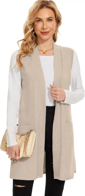 Moss Rose Long Vest for Women Sleeveless Lightweight Open Front Cardigans Ribbed Knit Outwear with Pockets