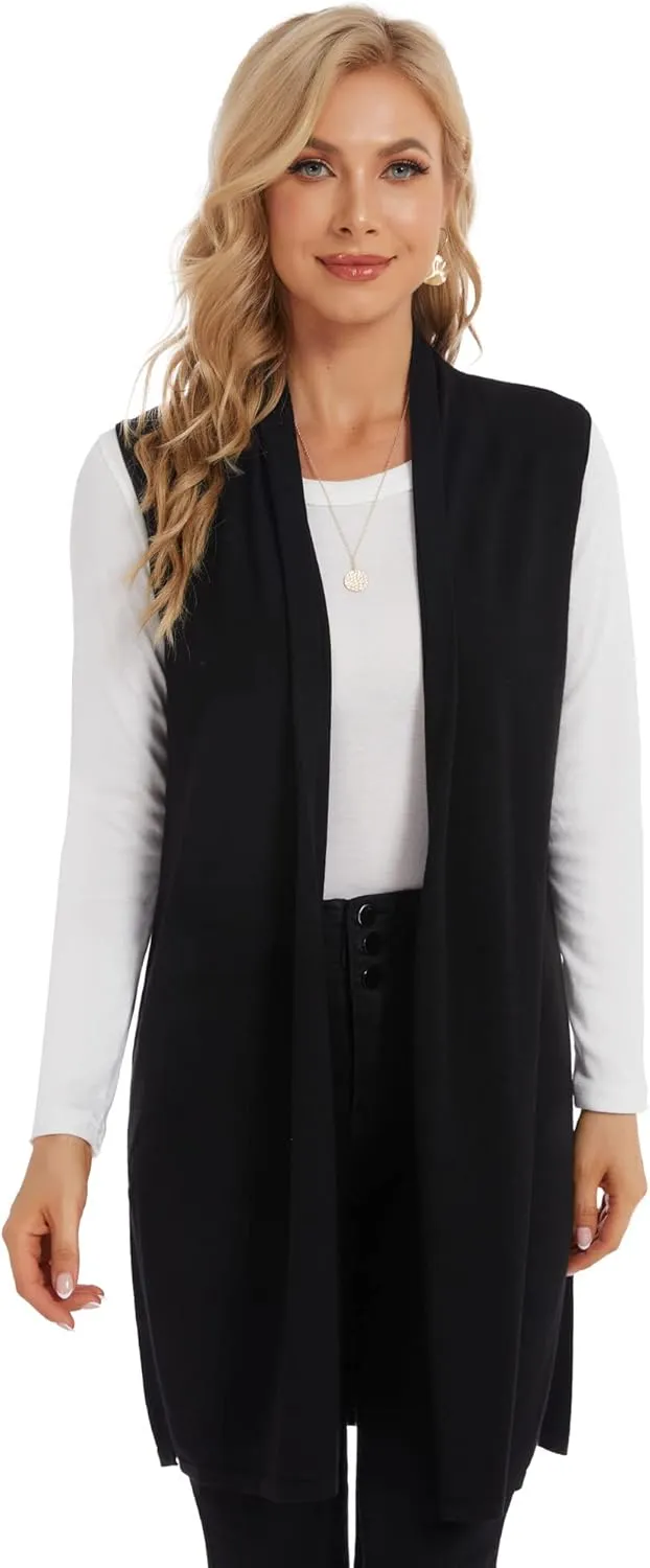 Moss Rose Women's Long Knit Cardigan Vest Casual Sleeveless Open Front Draped Duster Vest (Available in Plus Size)