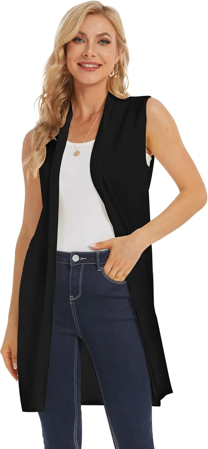 Moss Rose Women's Long Knit Cardigan Vest Casual Sleeveless Open Front Draped Duster Vest (Available in Plus Size)