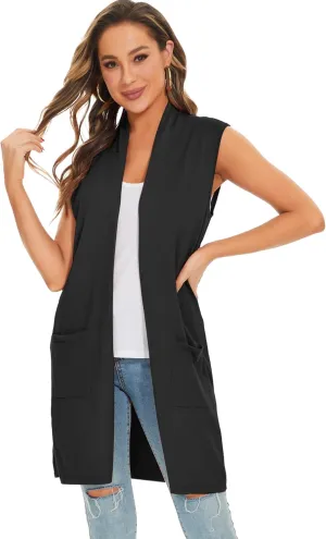 Moss Rose Women's Long Knit Cardigan Vest Casual Sleeveless Open Front Draped Duster Vest (Available in Plus Size)