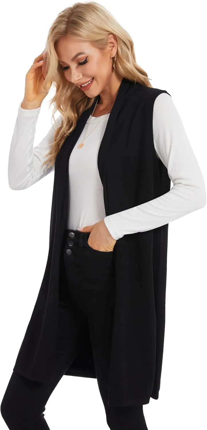 Moss Rose Women's Long Knit Cardigan Vest Casual Sleeveless Open Front Draped Duster Vest (Available in Plus Size)