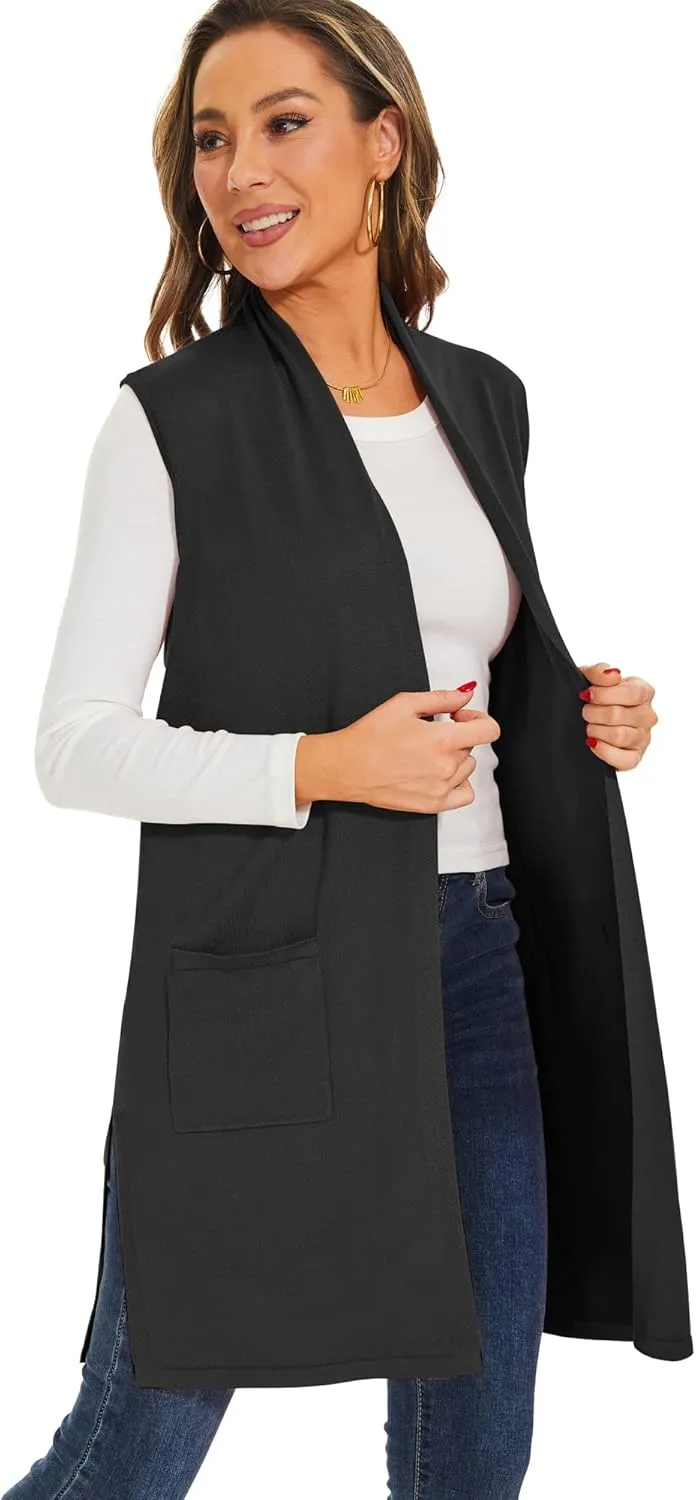 Moss Rose Women's Long Knit Cardigan Vest Casual Sleeveless Open Front Draped Duster Vest (Available in Plus Size)