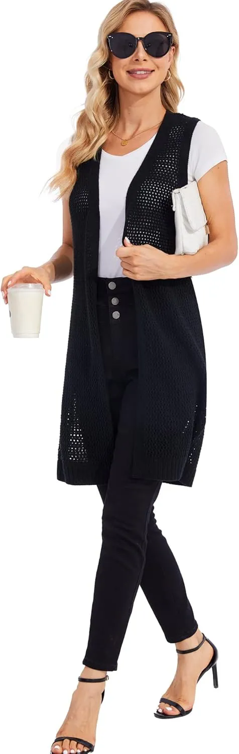 Moss Rose Womens Sleeveless Cardigans Vests Long Open Front Hollow Crochet Cardigan Sweater Duster Vest