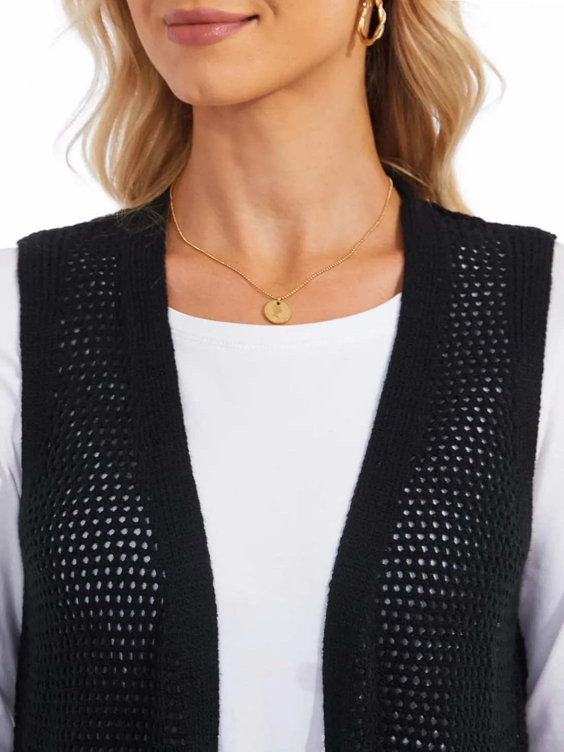 Moss Rose Womens Sleeveless Cardigans Vests Long Open Front Hollow Crochet Cardigan Sweater Duster Vest