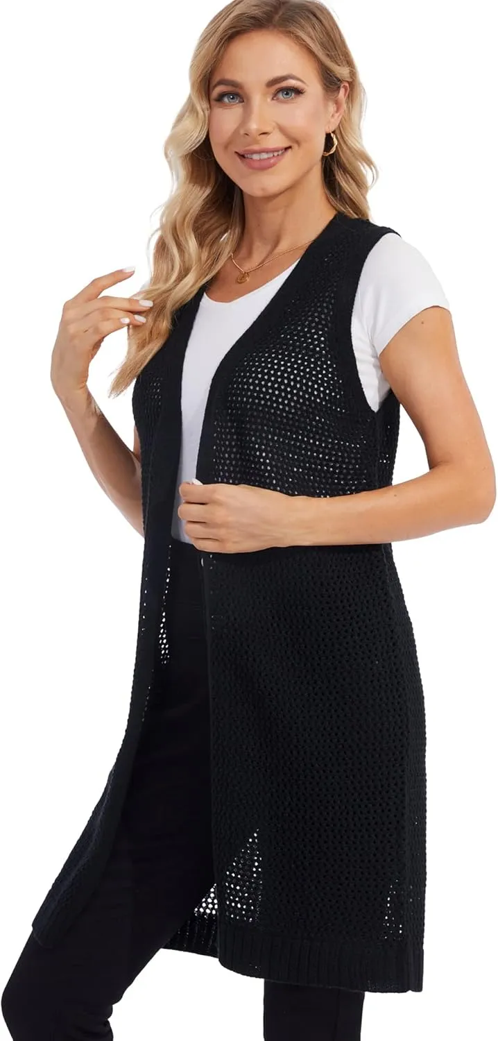 Moss Rose Womens Sleeveless Cardigans Vests Long Open Front Hollow Crochet Cardigan Sweater Duster Vest