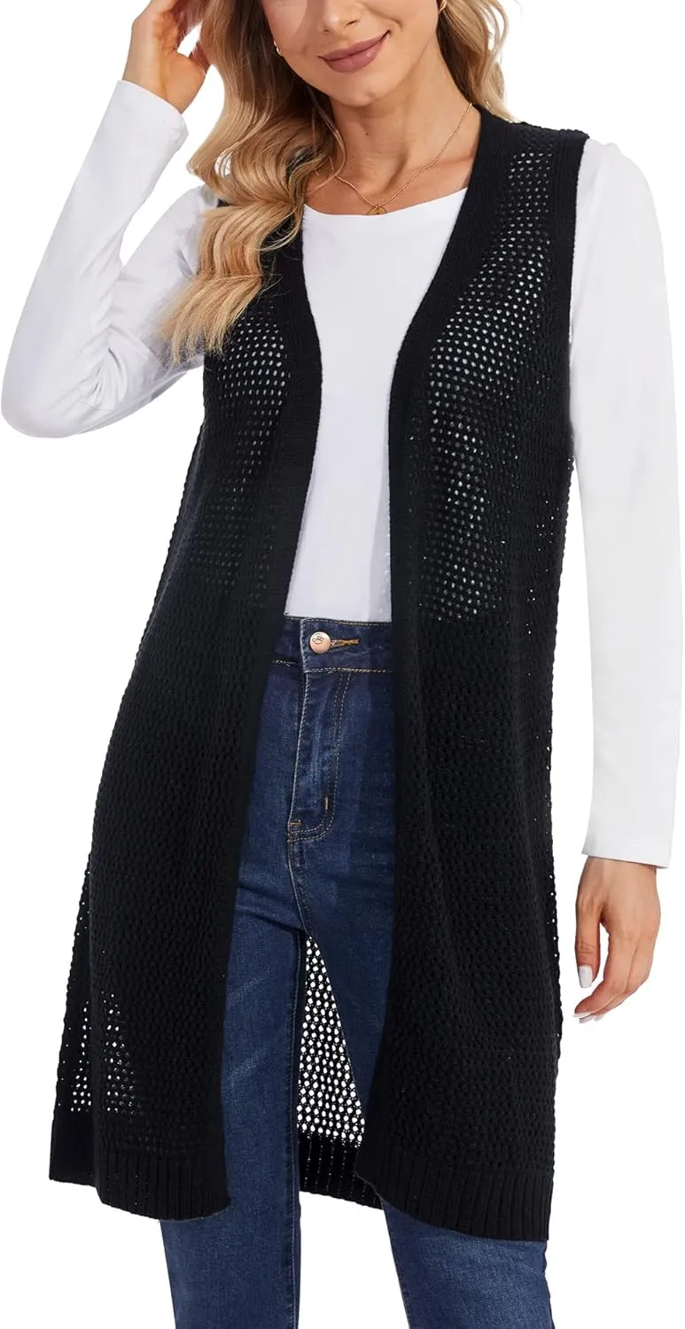 Moss Rose Womens Sleeveless Cardigans Vests Long Open Front Hollow Crochet Cardigan Sweater Duster Vest