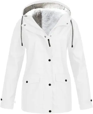 NATHGAM Womens Hooded Rain Jackets Fleece Lined Waterproof Lightweight Rain Coats Winter Warm Plus Size Outdoor Trench Coat