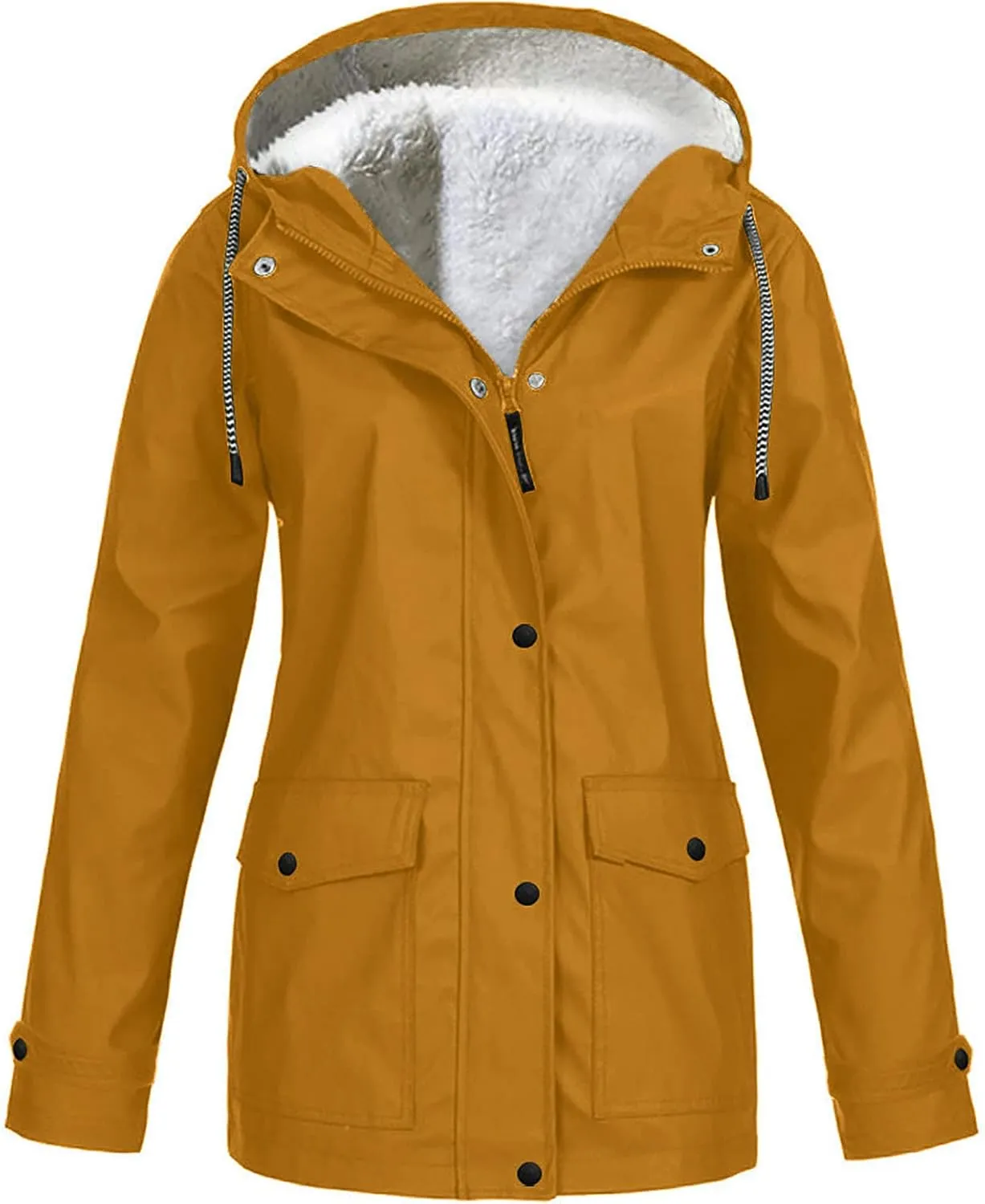 NATHGAM Womens Hooded Rain Jackets Fleece Lined Waterproof Lightweight Rain Coats Winter Warm Plus Size Outdoor Trench Coat