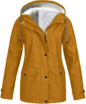NATHGAM Womens Hooded Rain Jackets Fleece Lined Waterproof Lightweight Rain Coats Winter Warm Plus Size Outdoor Trench Coat
