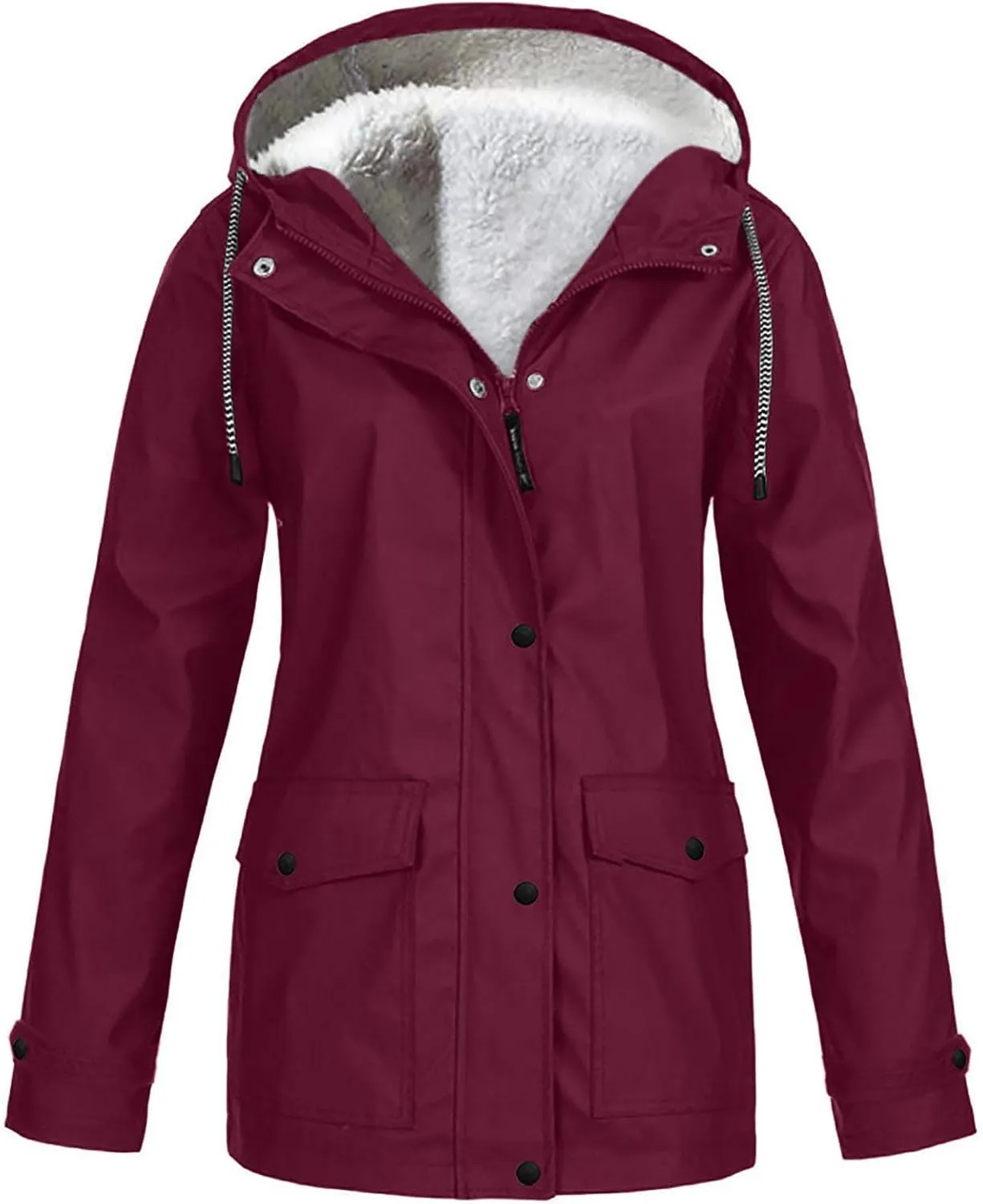 NATHGAM Womens Hooded Rain Jackets Fleece Lined Waterproof Lightweight Rain Coats Winter Warm Plus Size Outdoor Trench Coat