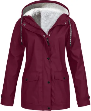 NATHGAM Womens Hooded Rain Jackets Fleece Lined Waterproof Lightweight Rain Coats Winter Warm Plus Size Outdoor Trench Coat