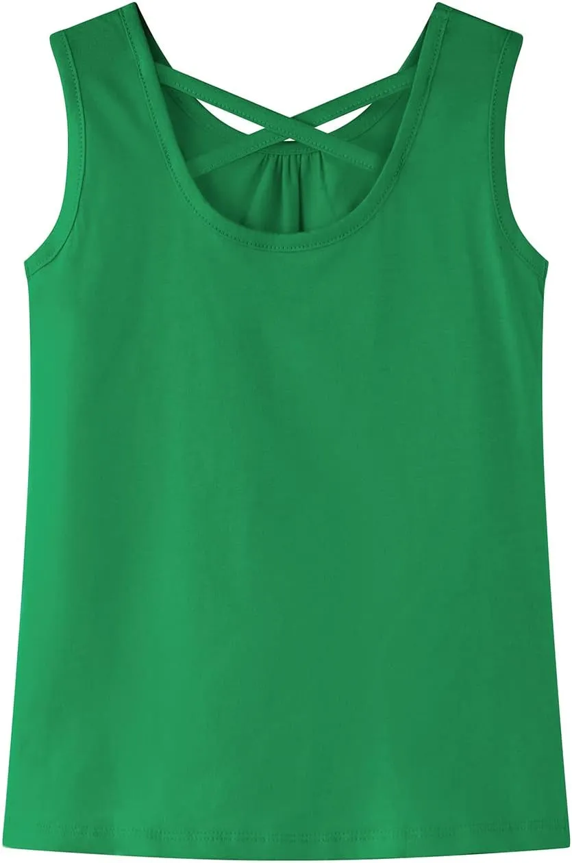 Noomelfish Girls Criss Cross Back Tank Tops Soft Jersey Cotton Sleeveless Shirts (3-12 Years)