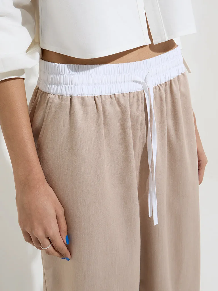 Nuon Beige Solid Mid-Rise Pants