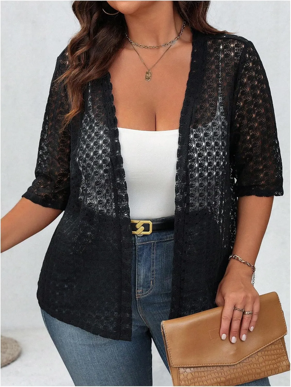 OYOANGLE Women's Plus Size Floral Lace Open Front Crochet Cardigans Short Sleeve Lightweight Loose Jackets