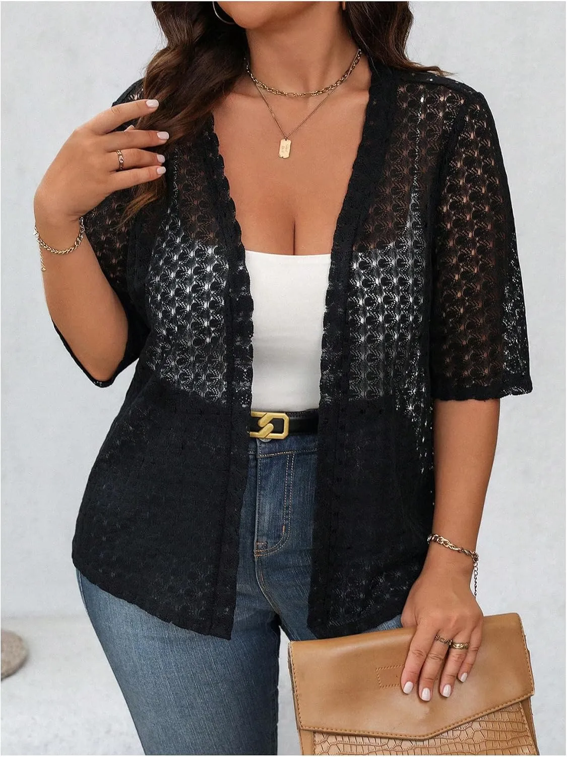 OYOANGLE Women's Plus Size Floral Lace Open Front Crochet Cardigans Short Sleeve Lightweight Loose Jackets