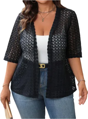 OYOANGLE Women's Plus Size Floral Lace Open Front Crochet Cardigans Short Sleeve Lightweight Loose Jackets